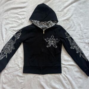 Black Zip Hoodie with Silver Star Embroidery & Leopard Lining
